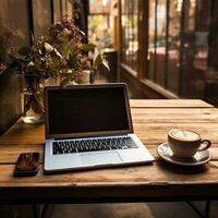 Kaffee und Laptop auf ein hölzern Tabelle foto