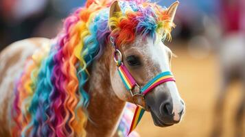 Nahansicht von ein Steckenpferd mit ein bunt Mähne und Zügel foto