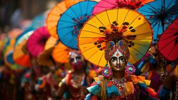 bunt Regenschirme und Kostüme füllen das Straßen beim Mumbai Karneval im Indien foto