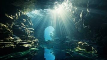 dramatisch unter Wasser Höhle mit Balken von Sonnenlicht leuchtenden foto