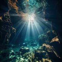 dramatisch unter Wasser Höhle mit Balken von Sonnenlicht leuchtenden foto