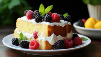 üppig Zitrone Kuchen mit scharf Zitrone Glasur und frisch Beeren foto