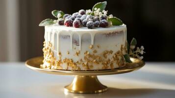 elegant Weiß Kuchen mit Gold Blatt und Beeren foto