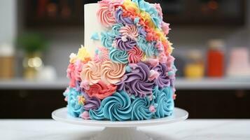 wunderlich Einhorn Kuchen mit Regenbogen Schichten foto