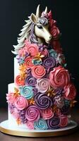 wunderlich Einhorn Kuchen mit Regenbogen Schichten foto