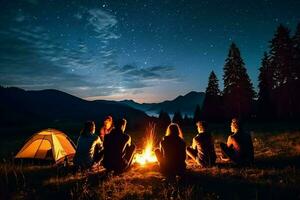ai generiert Abend Sommer- Camping, Fichte Wald auf Hintergrund, Himmel mit fallen Sterne und milchig Weg. Gruppe von fünf freunde Sitzung zusammen um Lagerfeuer im Berge foto