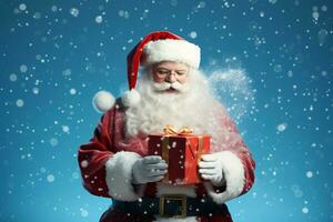 glücklich Santa claus Öffnung Weihnachten Geschenk Box Über schneebedeckt Blau Hintergrund mit Kopieren Raum Raum. ai generiert foto