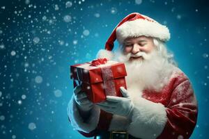 glücklich Santa claus Öffnung Weihnachten Geschenk Box Über schneebedeckt Blau Hintergrund mit Kopieren Raum Raum. ai generiert foto