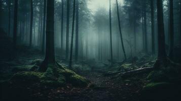 mysteriös Wald mit ein Pfad und ein mysteriös Baum im ein dunkel nebelig Herbst Wald erstellt mit ai foto