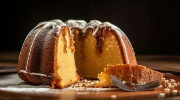 ein Vertikale Schuss von ein köstlich hausgemacht Weihnachten Kuchen mit ein Kerze und ein Stück von Zucker generativ ai, ai generiert foto