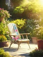 Terrasse Deck und bunt Stuhl im Grün Garten ai generativ foto