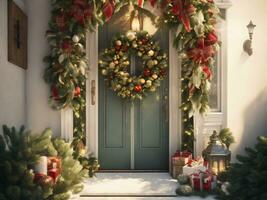 Haus dekoriert zum das Winter Ferien mit Weihnachten Kranz mit ai generativ foto