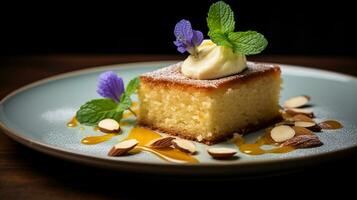 Foto von Mandel Kuchen wie ein Gericht im ein hochwertig Restaurant. generativ ai