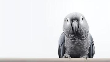 Foto von ein afrikanisch grau Parro Vogel auf Weiß Hintergrund. generativ ai