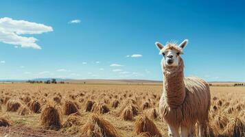 Foto von ein Lama im das Ackerland. generativ ai