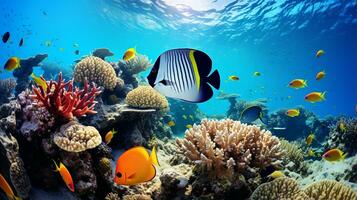 Foto von Kaiserfisch mit verschiedene Fisch zwischen gesund Koralle Riffe im das Blau Ozean. generativ ai