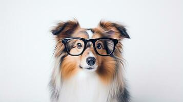 Foto von ein Shetland Schäferhund Hund mit Brille isoliert auf Weiß Hintergrund. generativ ai