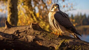 Foto von ein Wanderfalke Falke Stehen auf ein gefallen Baum Ast beim Morgen. generativ ai