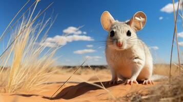 Foto von ein Wüste Känguru Ratte im ein Wüste mit Blau Himmel. generativ ai