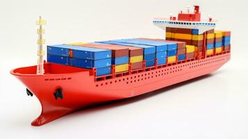 Anzeigen ein 3d Miniatur Container Schiff. generativ ai foto