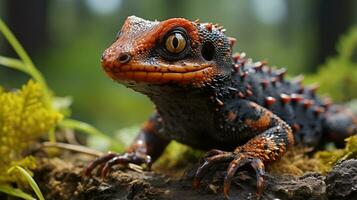 Nahansicht Foto von ein Salamander suchen im ihr Lebensraum. generativ ai