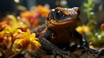 Nahansicht Foto von ein Newt suchen irgendein Richtung. generativ ai