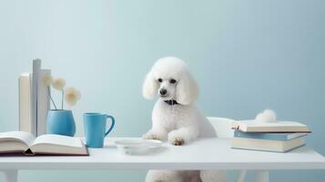 ein Pudel Hund im ein Sweatshirt sitzt studieren begleitet durch ein Tasse und Haufen von Bücher. generativ ai foto