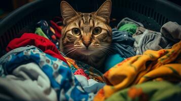 Foto von das Katze ist versteckt im das Kleider Korb. generativ ai