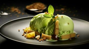 Foto von Pistazie Eis wie ein Gericht im ein hochwertig Restaurant. generativ ai