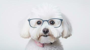 Foto von ein Bichon frise Hund mit Brille isoliert auf Weiß Hintergrund. generativ ai