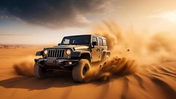 Foto von Jeep Fahren im das Wüste. generativ ai