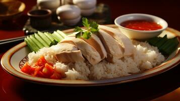 Foto von hainanese Hähnchen Reis wie ein Gericht im ein hochwertig Restaurant. generativ ai