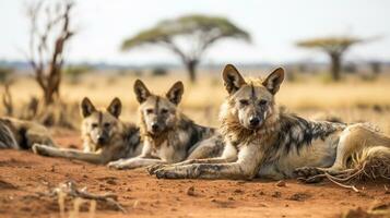 Foto von ein Herde von Wolf ruhen im ein öffnen Bereich auf das Savanne. generativ ai