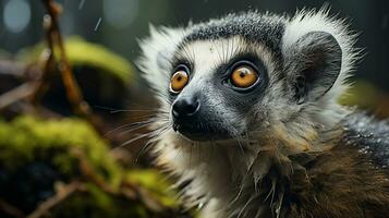 Nahansicht Foto von ein Lemur suchen irgendein Richtung. generativ ai