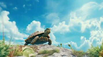 Foto von ein Schildkröte unter Blau Himmel. generativ ai