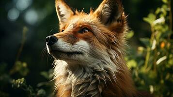 Nahansicht Foto von ein Fuchs suchen irgendein Richtung auf Dschungel. generativ ai