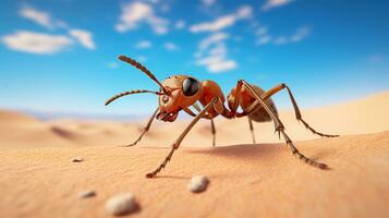 Foto von ein Sahara Wüste Ameise im ein Wüste mit Blau Himmel. generativ ai