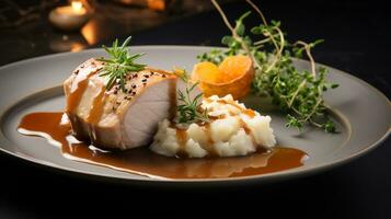 Foto von Schweinefleisch Lende mit Apfel Soße wie ein Gericht im ein hochwertig Restaurant. generativ ai