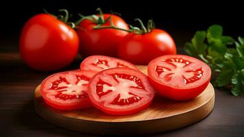 Foto von Tomaten und Scheibe von Tomate isoliert auf schwarz Hintergrund. generativ ai