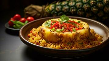 Foto von Ananas gebraten Reis wie ein Gericht im ein hochwertig Restaurant. generativ ai