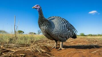 Foto von ein Perlhuhn im das Ackerland. generativ ai