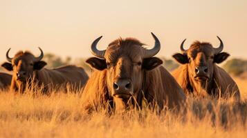 Foto von ein Herde von Bison ruhen im ein öffnen Bereich auf das Savanne. generativ ai