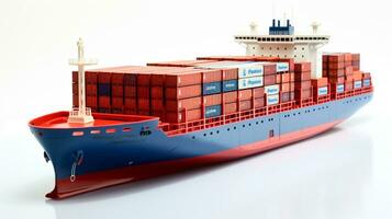 Anzeigen ein 3d Miniatur Container Schiff. generativ ai foto