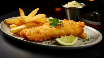 Foto von Fisch und Chips wie ein Gericht im ein hochwertig Restaurant. generativ ai