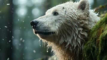 Nahansicht Foto von ein Polar- Bär suchen irgendein Richtung auf Dschungel. generativ ai