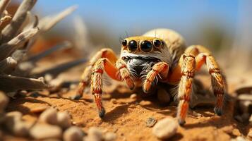 Nahansicht Foto von ein Wüste Tarantel suchen irgendein Richtung im das Wüste. generativ ai