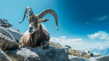 Foto von ein Steinbock unter Blau Himmel. generativ ai