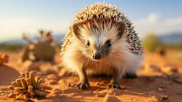 Nahansicht Foto von ein Wüste Igel suchen irgendein Richtung im das Wüste. generativ ai