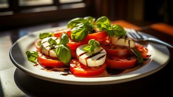 Foto von Caprese Salat wie ein Gericht im ein hochwertig Restaurant. generativ ai