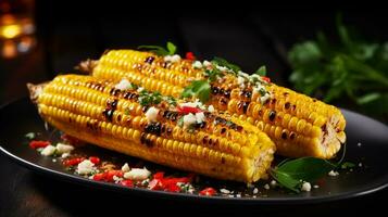 Foto von gegrillt Mais auf das Cob wie ein Gericht im ein hochwertig Restaurant. generativ ai